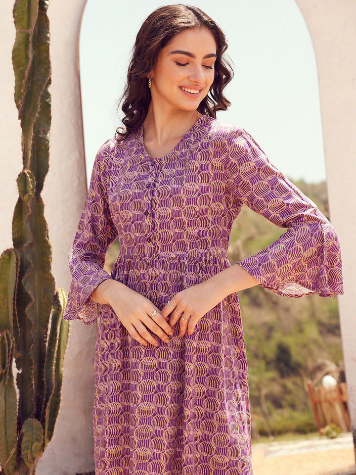 STREET 9 Lavender & Beige Printed Bell Sleeve Fit & Flare Dress