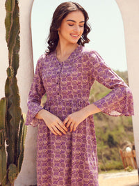 STREET 9 Lavender & Beige Printed Bell Sleeve Fit & Flare Dress