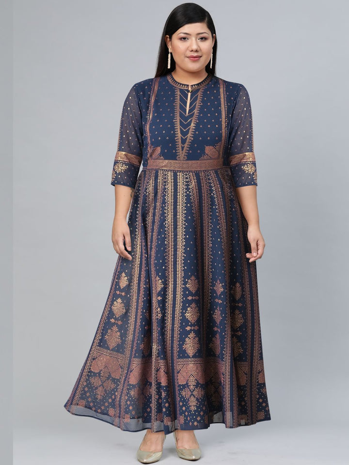 W Blue Ethnic Motifs Ethnic Maxi Dress