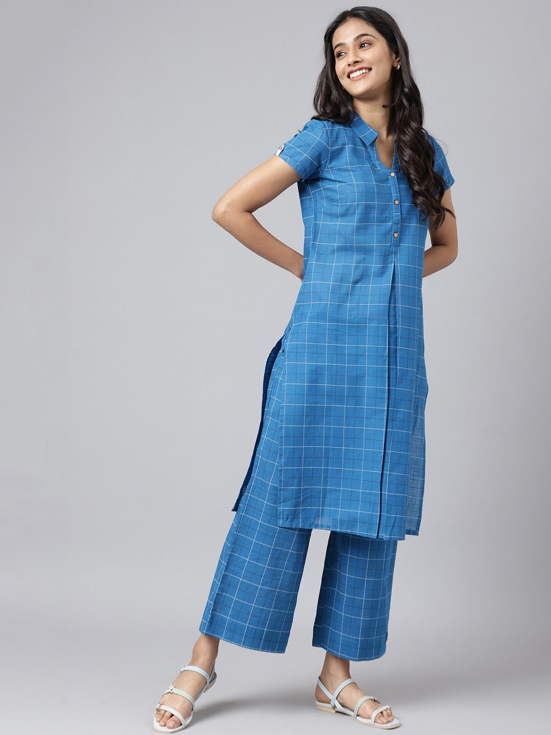 AURELIA Women Blue Checked Keyhole Neck Kurta