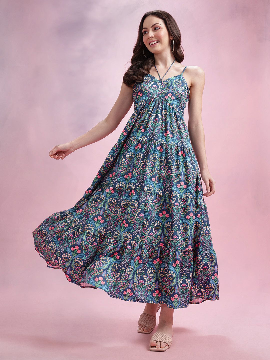 DressBerry Floral Print Tiered Empire Midi Dress