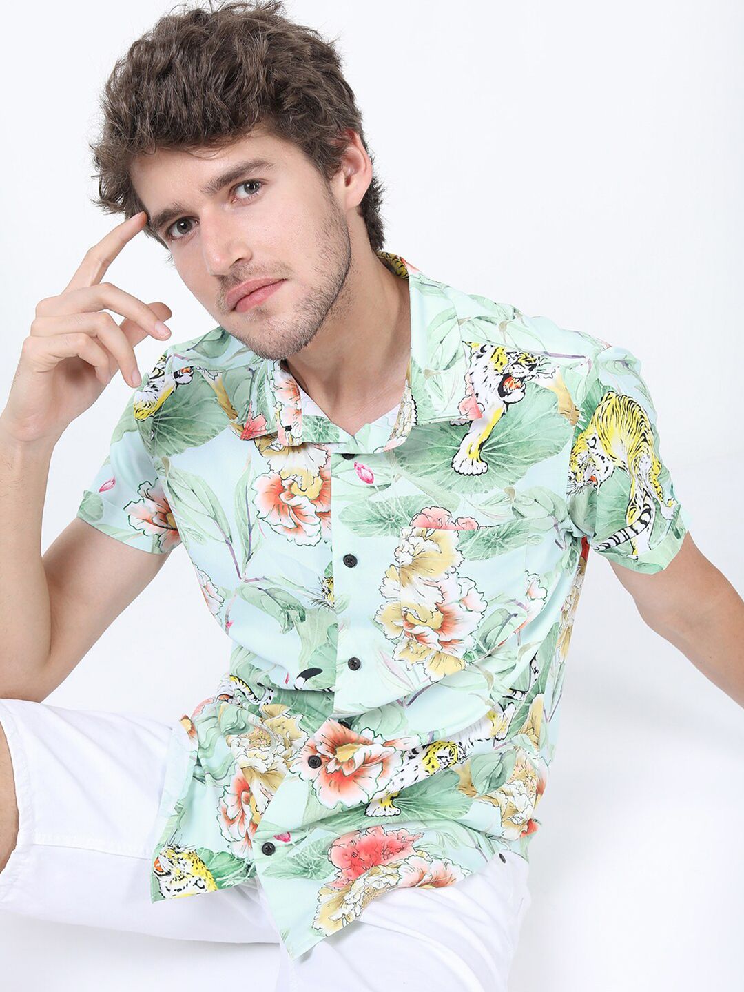 HIGHLANDER Men Green Floral Printed Casual Shirt