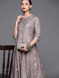 Libas Women Grey & Golden Floral Motifs Printed A-line Kurta with Pocket