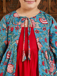 VASTRAMAY Girls Shoulder Straps Cotton Fit & Flare Ethnic Dress With Jacket