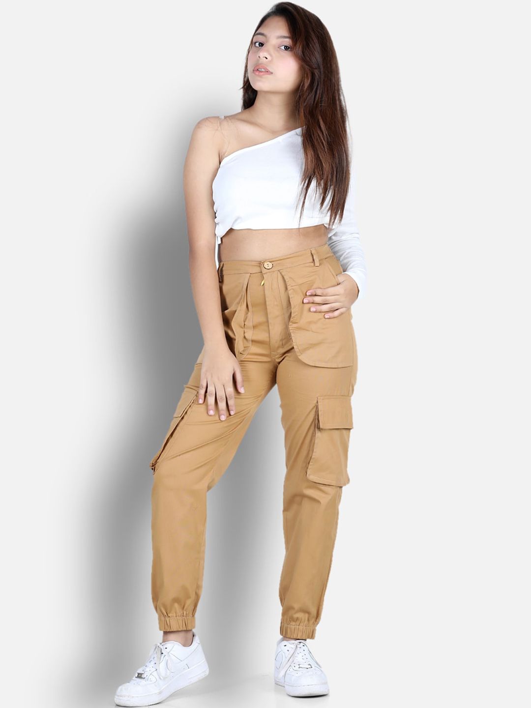 Cutiekins Girls Camel Brown High-Rise Cargos Trouser