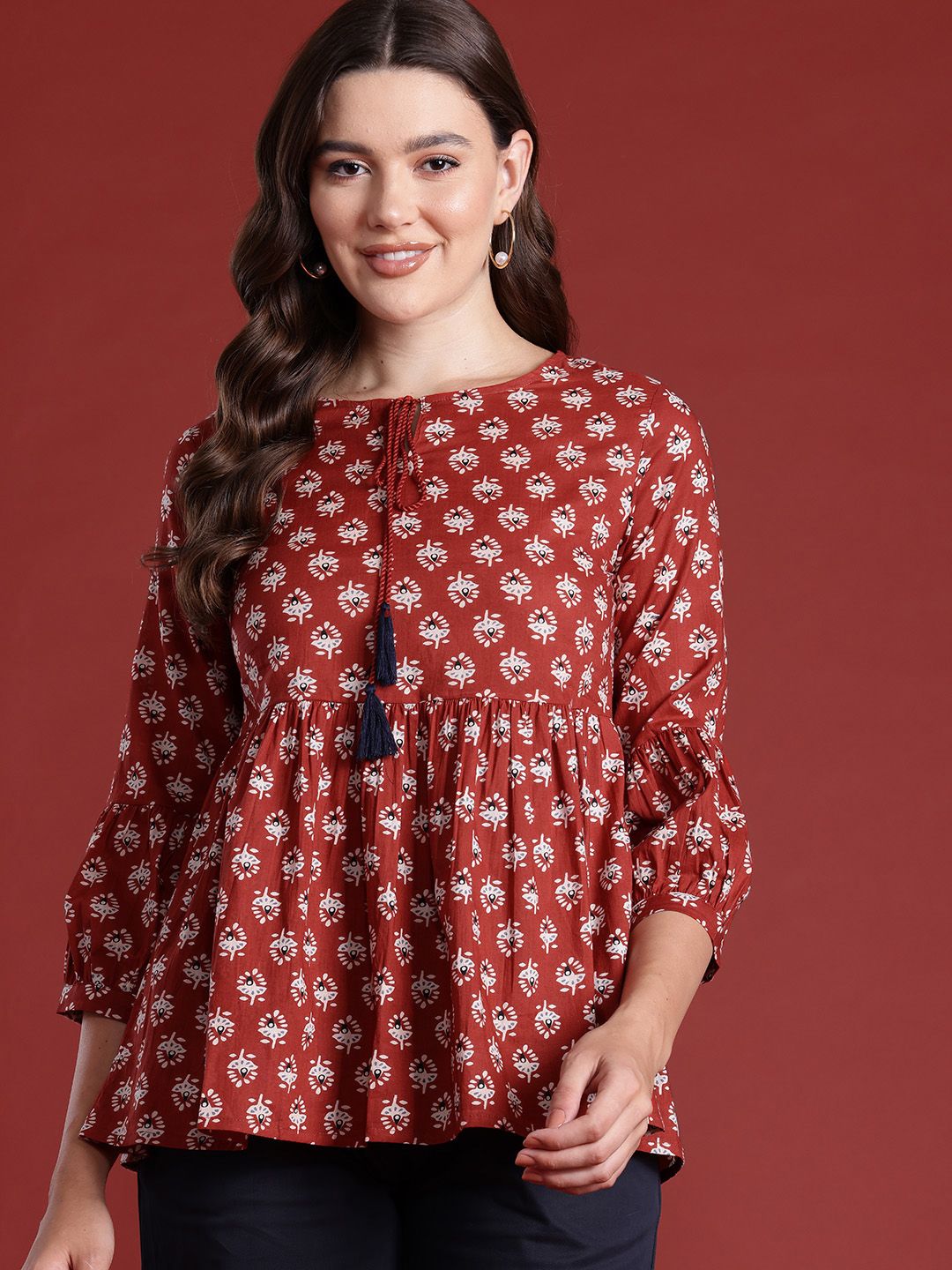 all about you Ethnic Printed Tie-Up Neck Pure Cotton Top