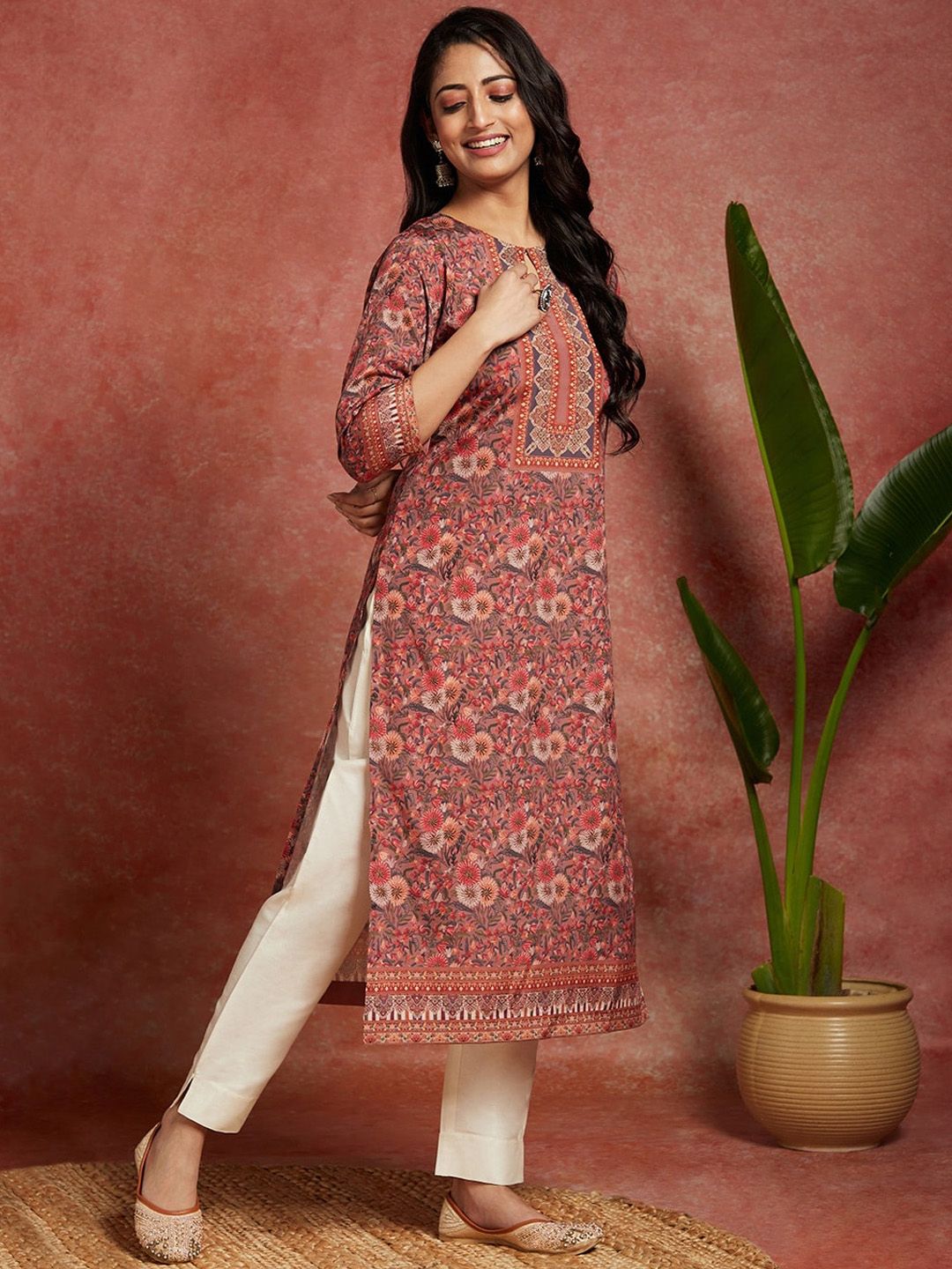 Libas Floral Printed Keyhole Neck Straight Kurta