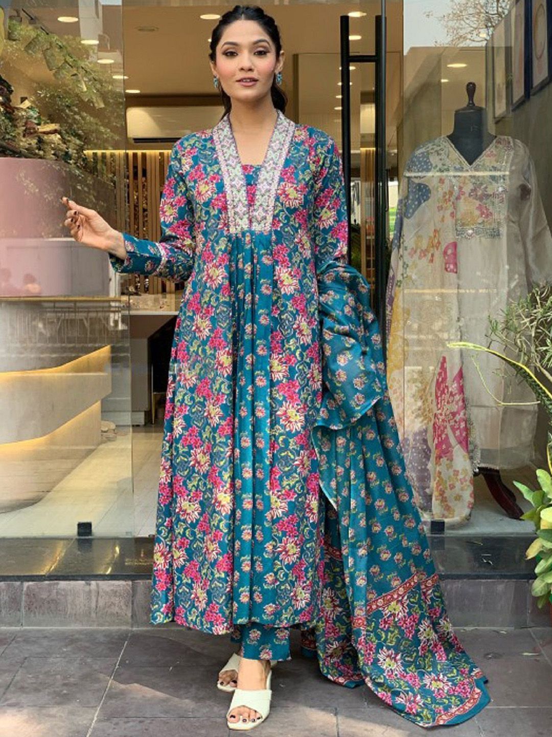 KALINI Floral Printed V-Neck Thread Work A-Line Kurta With Trousers & Dupatta
