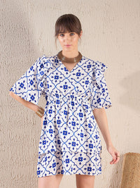 SASSAFRAS Navy Blue Ethnic Motifs Printed Flared Sleeve Layered A-Line Dress