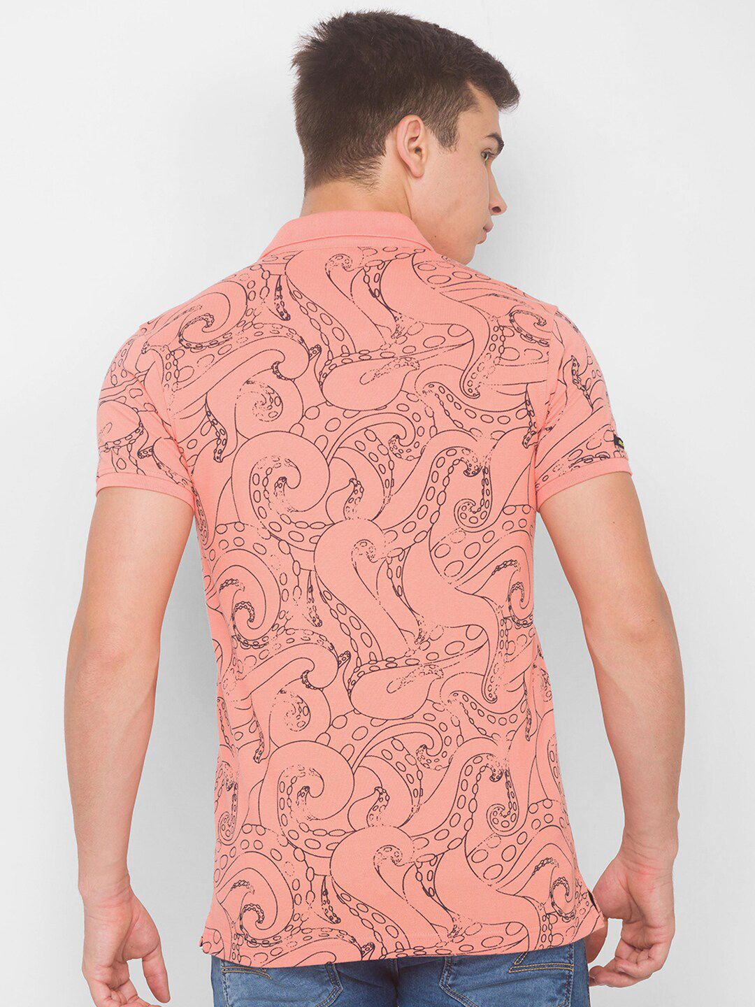 SPYKAR Men Pink Typography Printed Polo Collar Pure Cotton Slim Fit T-shirt