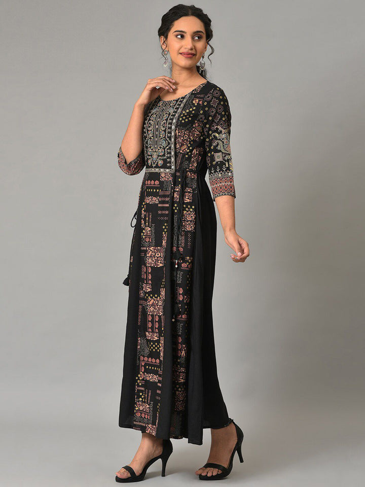 W Round Neck Ethnic Motifs Maxi Ethnic Dress