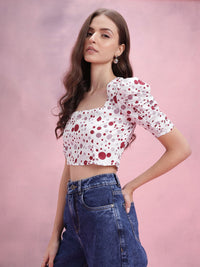 DressBerry Polka Dots Print Puff Sleeve Crop Top