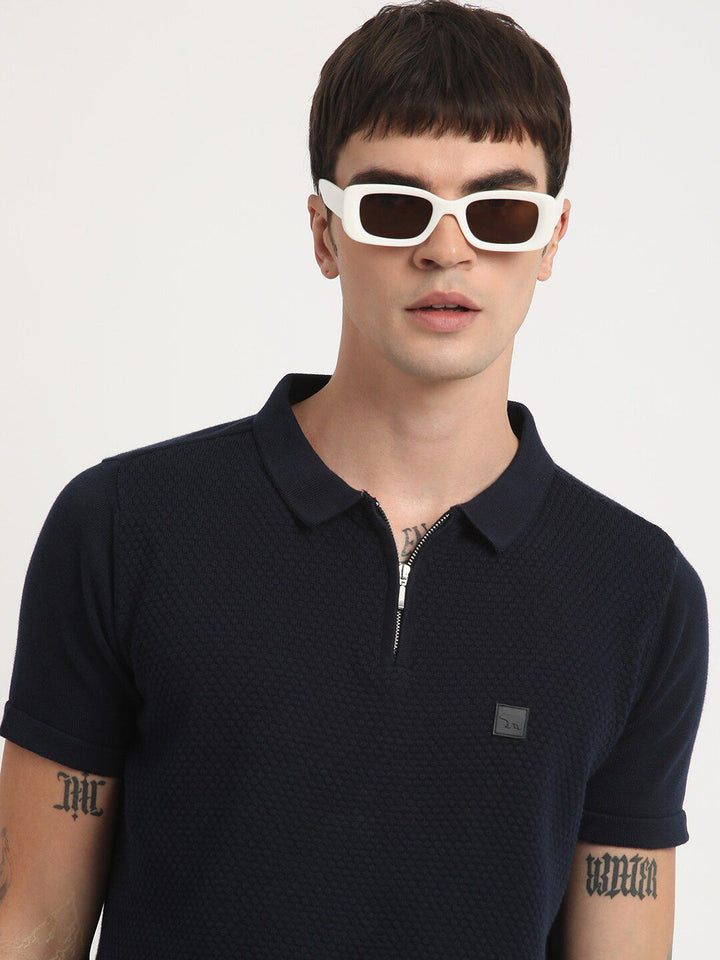 THE BEAR HOUSE Self Design Polo Collar Slim Fit Pure Cotton T-shirt