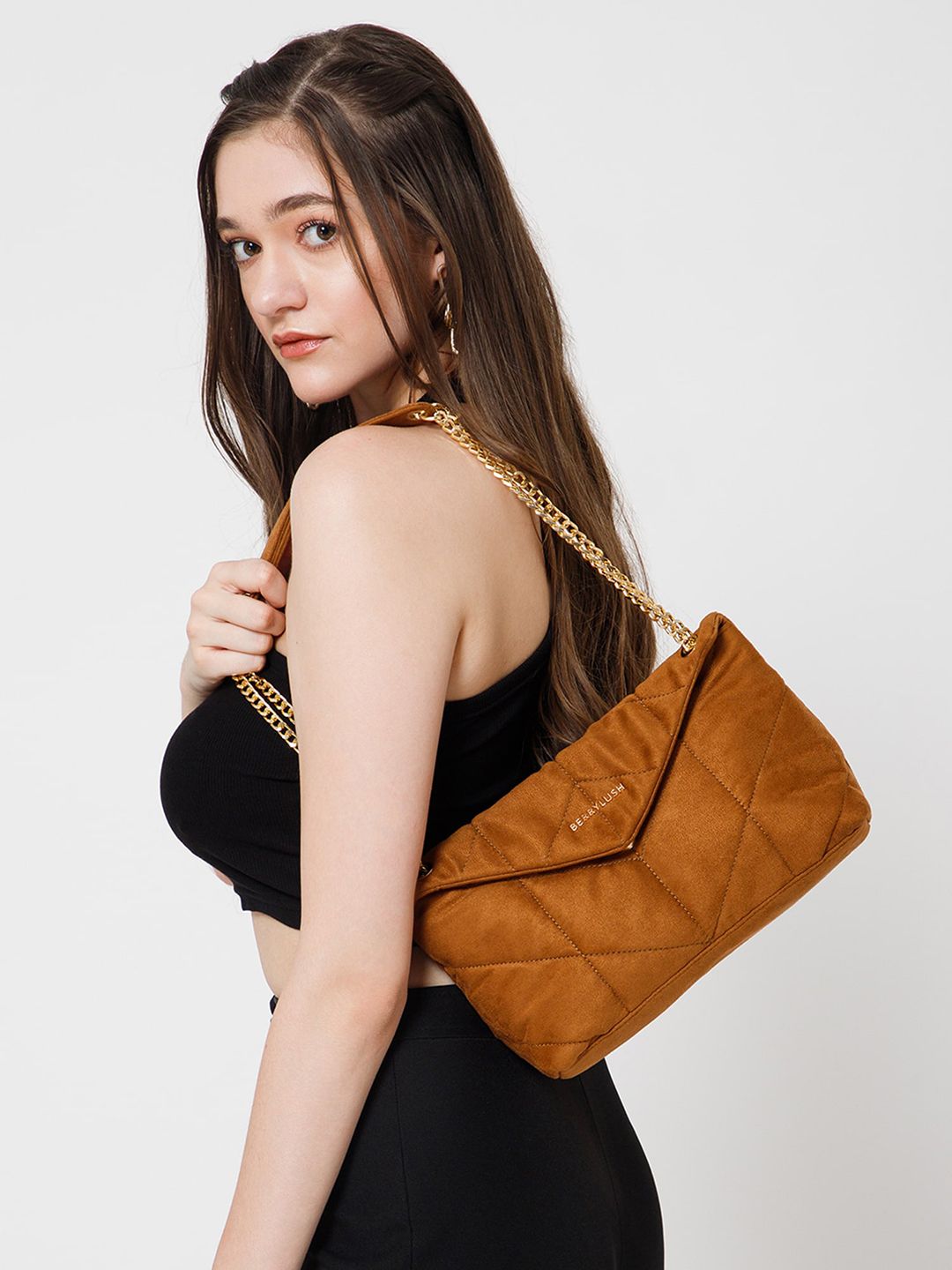 Berrylush Brown Structured Quilted Shoulder Bag