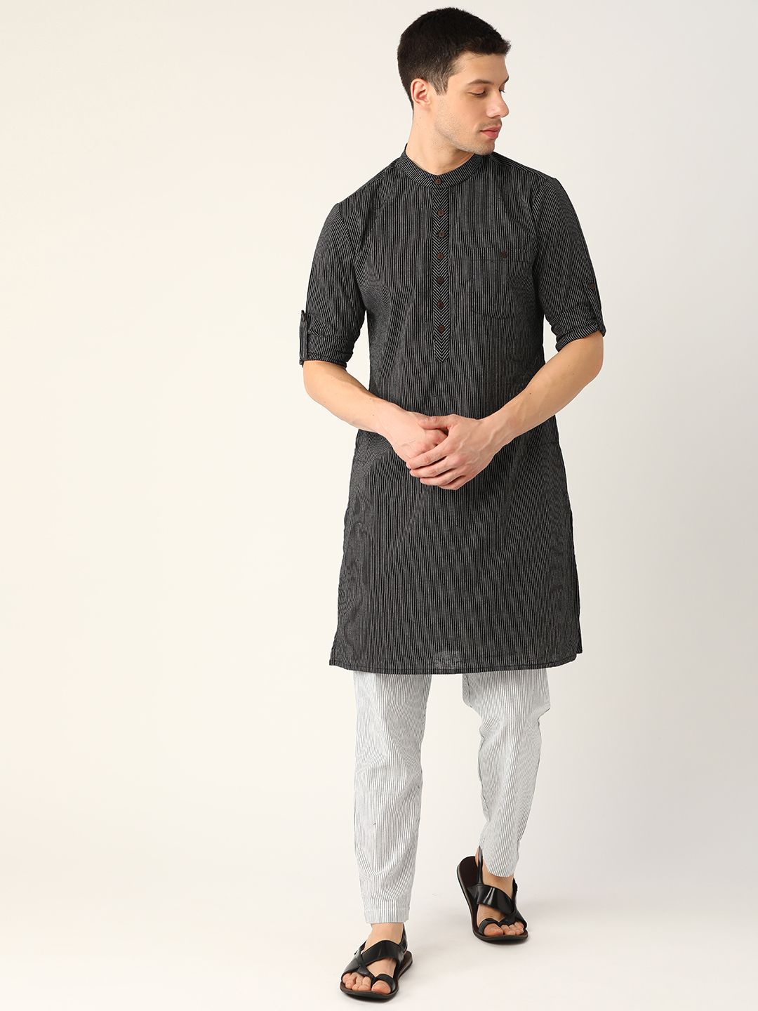 Anouk Men Black & White Striped Kurta with Trousers