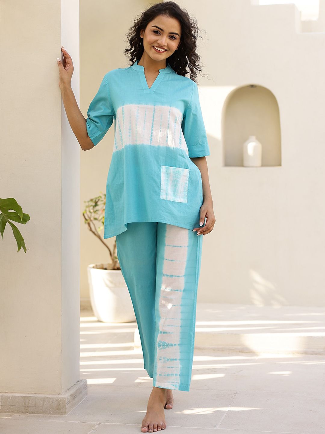 SANSKRUTIHOMES Blue Tie and Dyed Pure Cotton Night suit