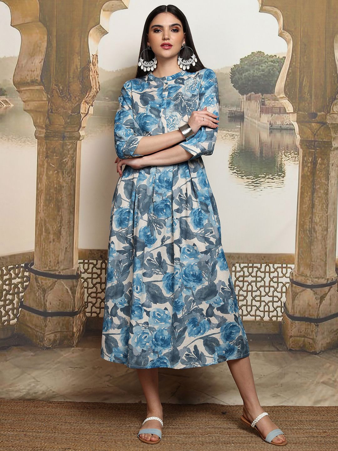 Vishudh Floral Print A-Line Midi Dress