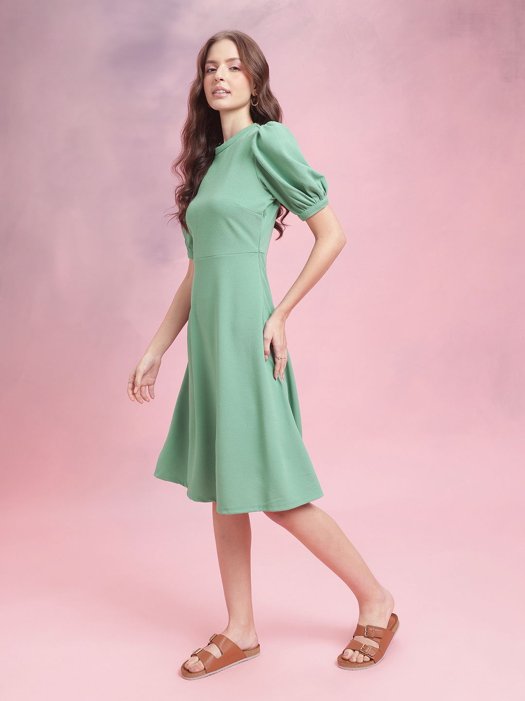 DressBerry Textured Puff Sleeve A-Line Midi Dress