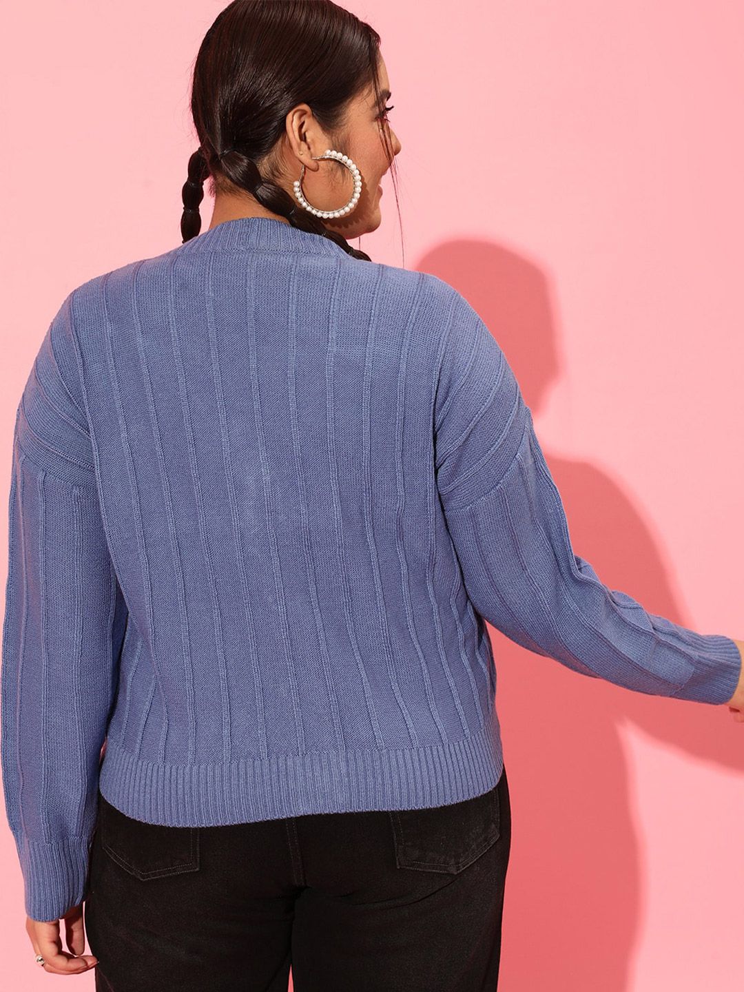 CURVY STREET Plus Size Women Blue Cable Knit Acrylic Cardigan