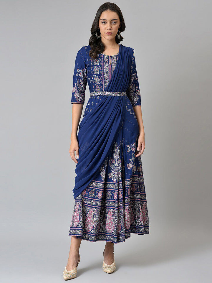 W Blue & Silver-Toned Ethnic Motifs Ethnic Maxi Dress