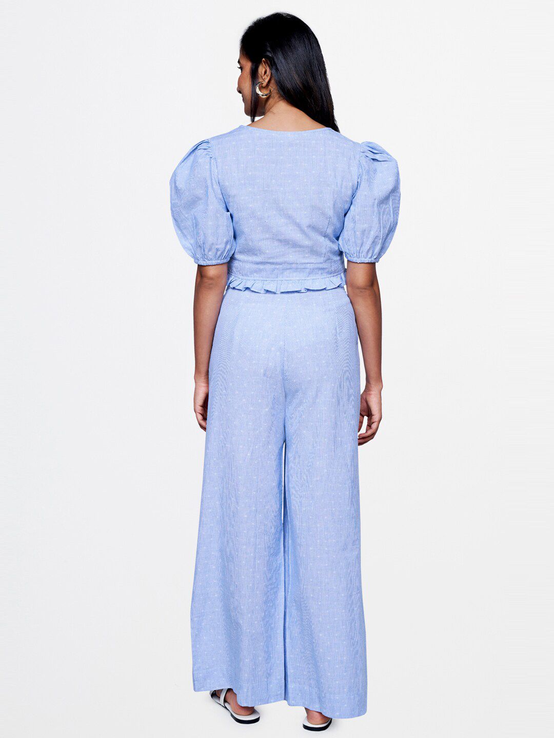 AND Printed V-Neck Puff Sleeves Top with Trousers