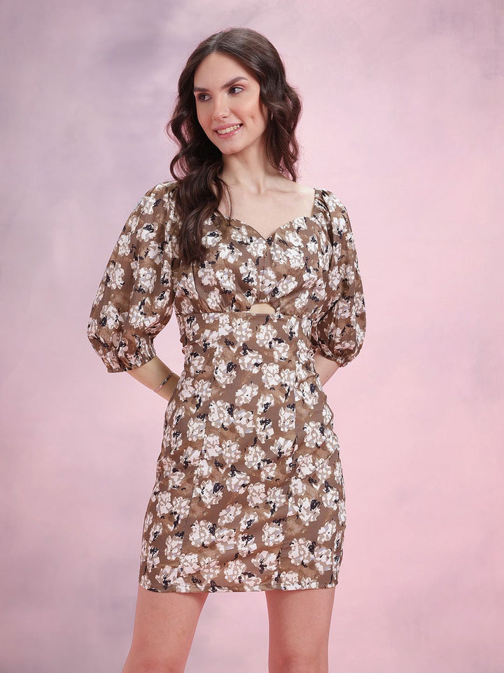 DressBerry Floral Print Puff Sleeve Bodycon Mini Dress