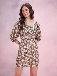 DressBerry Floral Print Puff Sleeve Bodycon Mini Dress