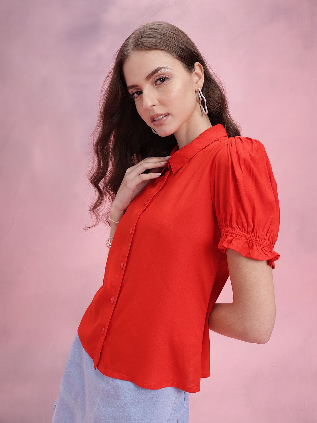 DressBerry Solid Puff Sleeves Casual Shirt