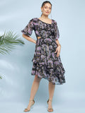 Antheaa Floral Printed Flared Sleeve Fit & Flare Dress