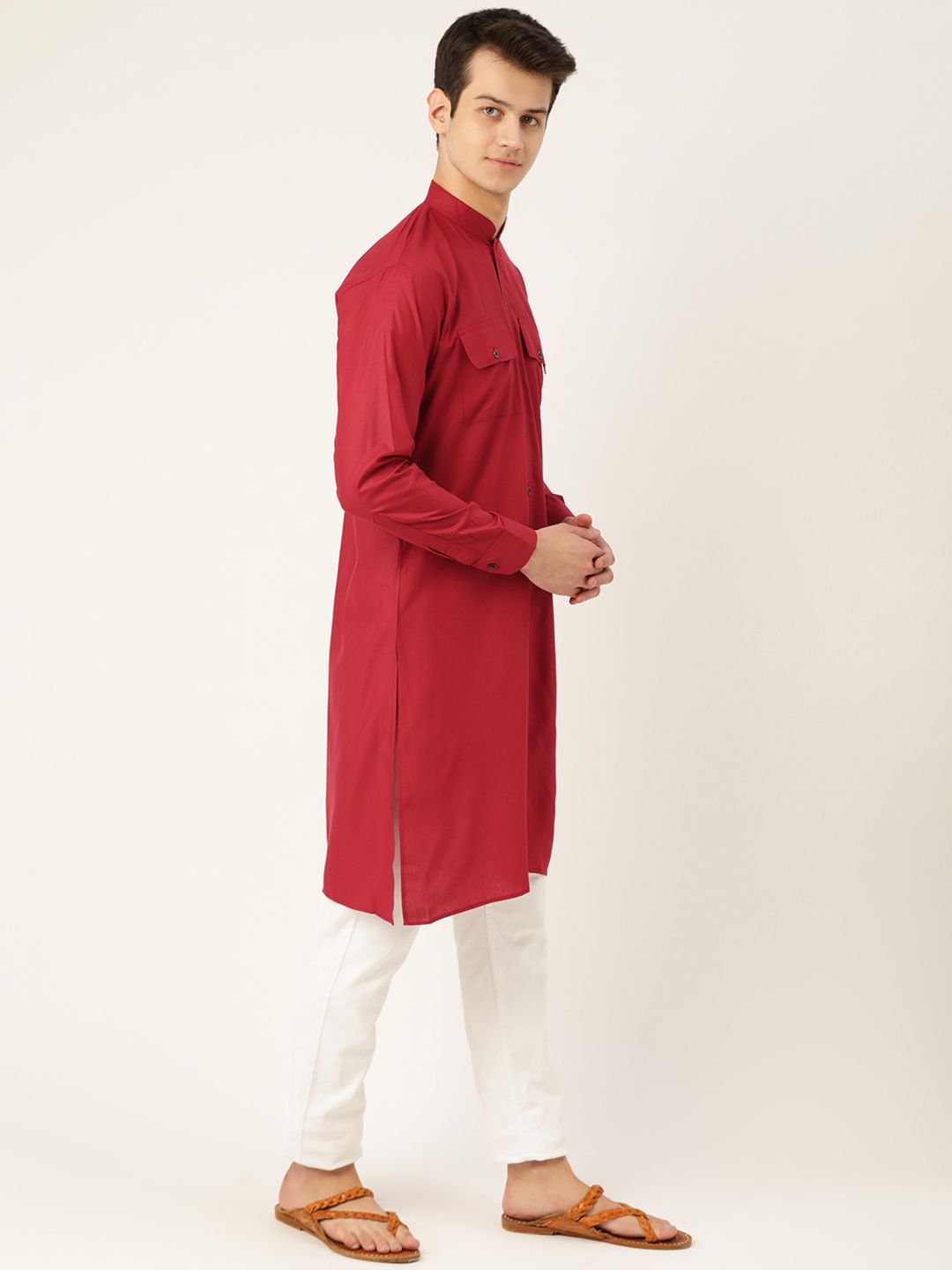 SOJANYA Men Red Solid Straight Kurta