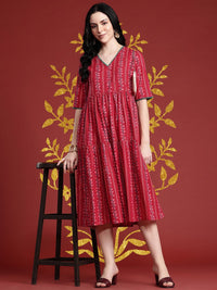 Anouk Floral Print Pleated  Pure Cotton Tiered Ethnic Dress