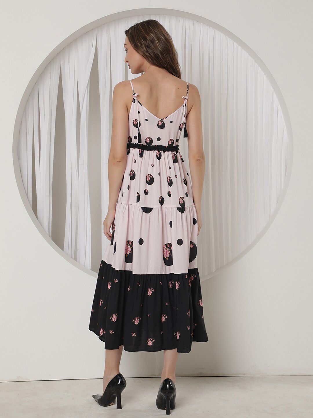 RAREISM Floral Printed Tie-Up Detail Fit & Flare Midi Dress