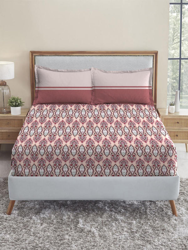 MYTRIDENT Pink Ethnic Motifs Cotton 144 TC Queen Bedsheet with 2 Pillow Covers- 100" x 90"