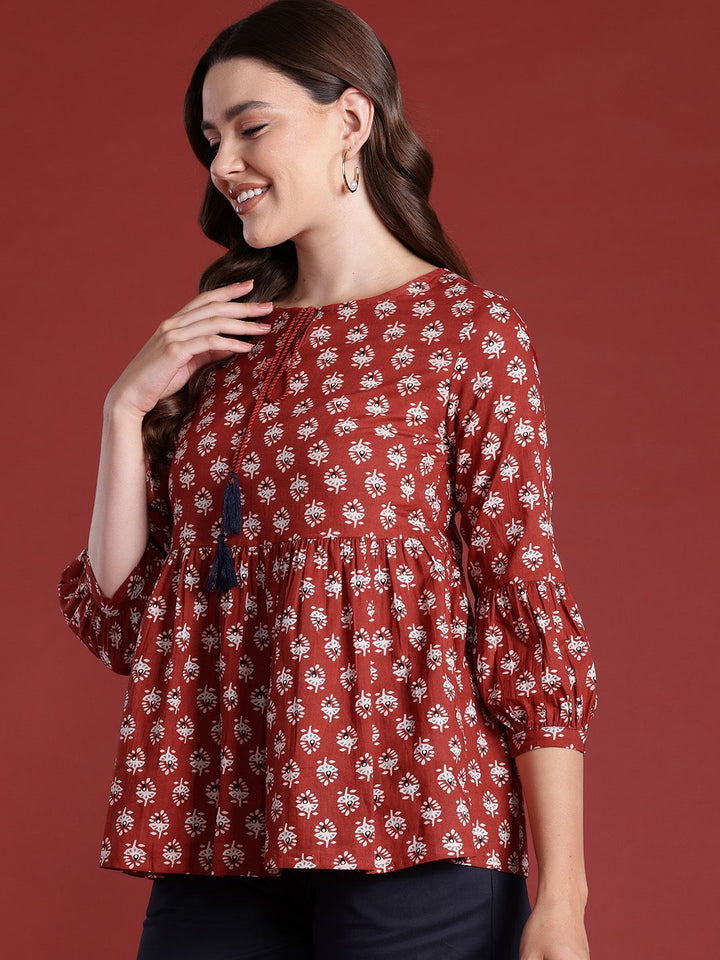 all about you Ethnic Printed Tie-Up Neck Pure Cotton Top