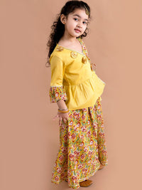 pspeaches Girls Mustard Yellow Floral Printed Angrakha Pure Cotton Kurti With Palazzos