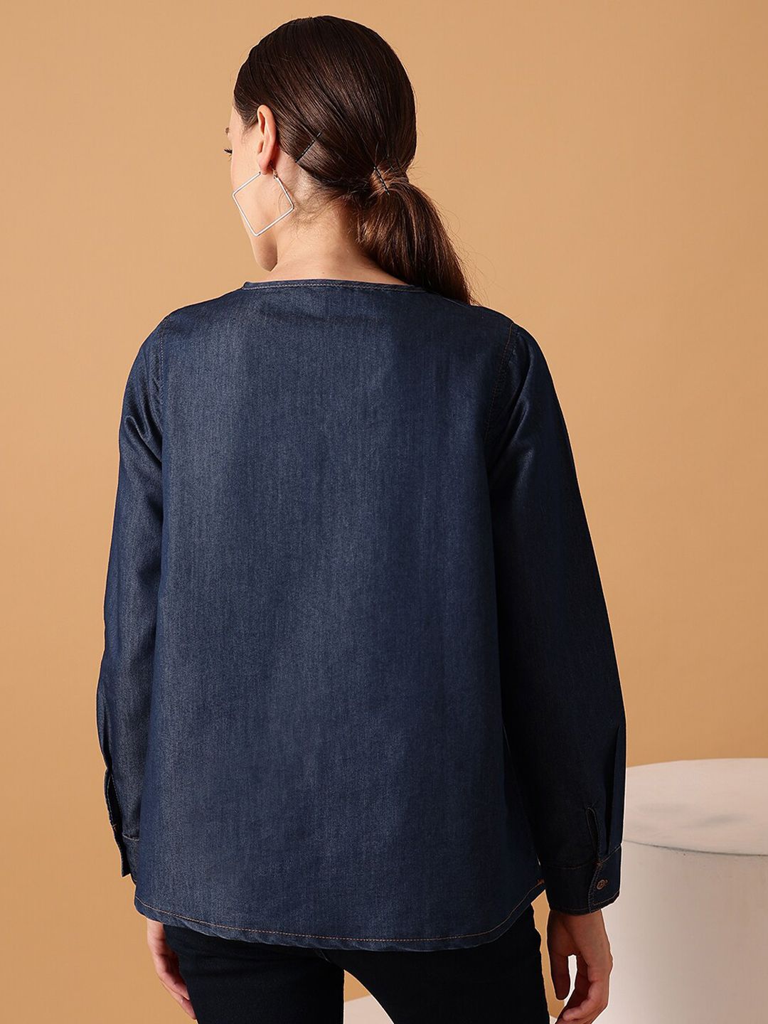 STREET 9 Pleated Round Neck Pure Cotton Denim Regular Top