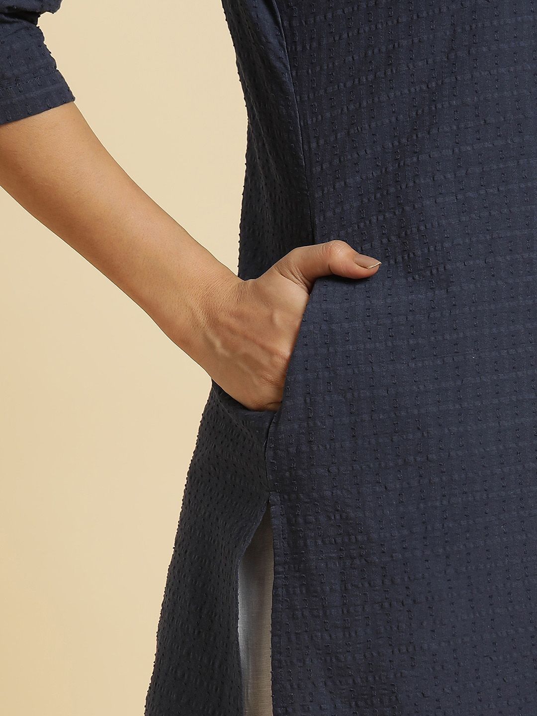 W Floral Embroidered Mandarin Collar Cotton Regular Kurta