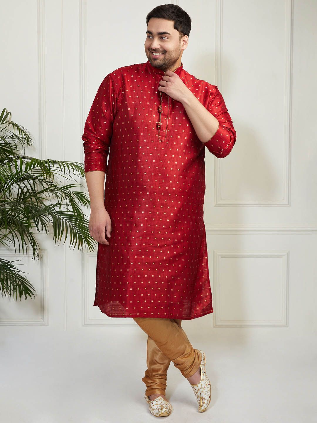 VASTRAMAY Men Plus Size Geometric Woven Design Mandarin Collar Jacquard Silk Kurta