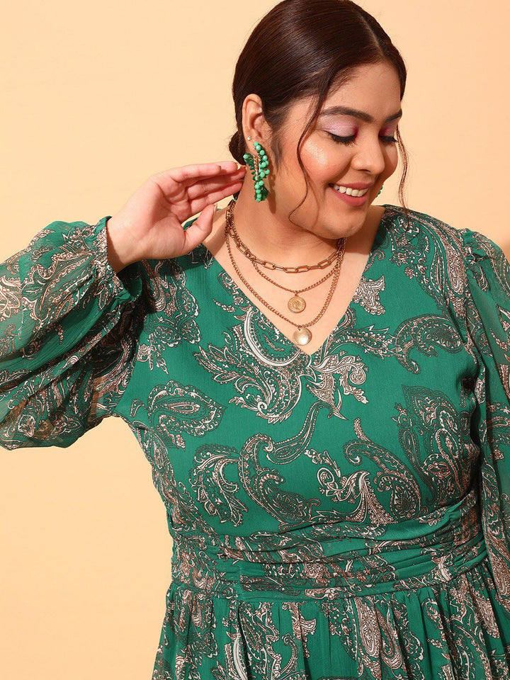 CURVY STREET Plus Size Green & white Printed V Neck Puff Sleeves Fit & Flare Dress