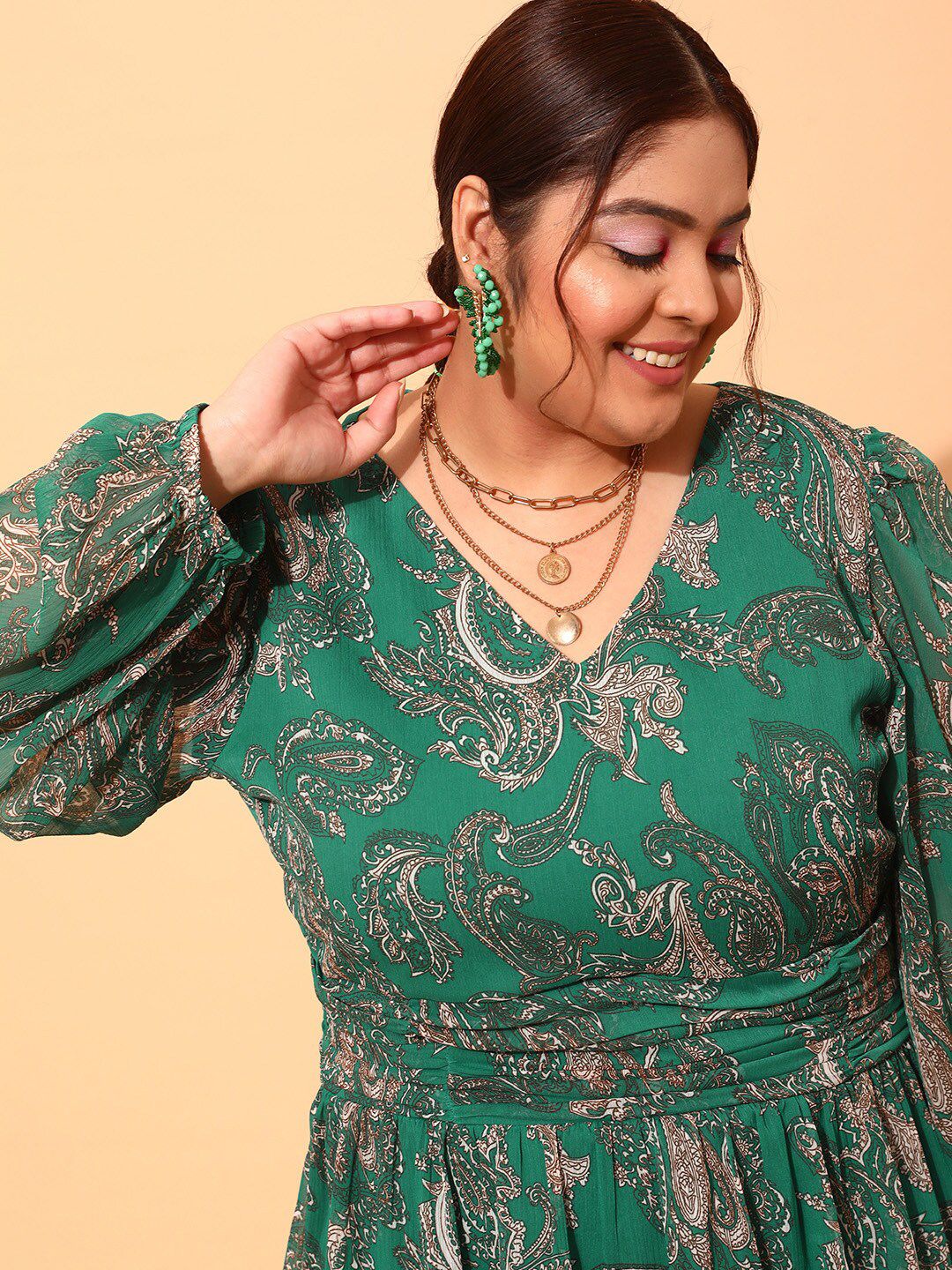 CURVY STREET Plus Size Green & white Printed V Neck Puff Sleeves Fit & Flare Dress