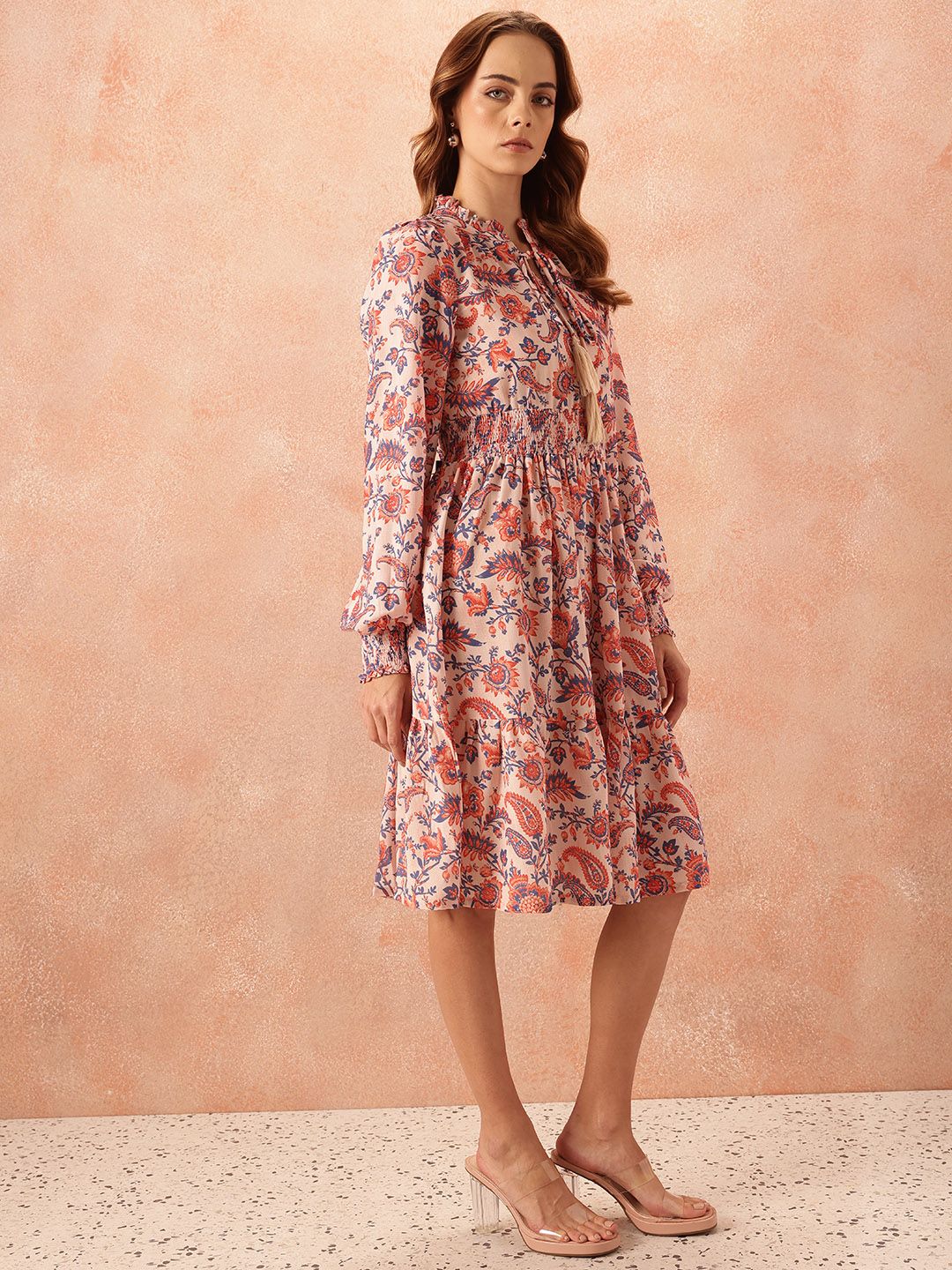all about you Ethnic Motifs Print Tie-Up Neck Puff Sleeve Fit & Flare Dress