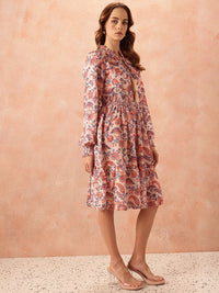 all about you Ethnic Motifs Print Tie-Up Neck Puff Sleeve Fit & Flare Dress