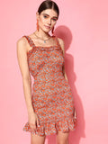STREET 9 Women Orange Printed Floral Crepe Sheath Ruffle Dress