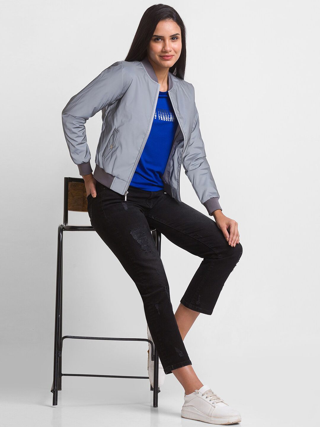 SPYKAR Women Silver-Toned Casual Bomber Jacket