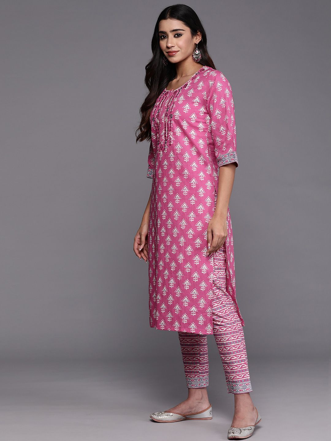 Libas Ethnic Motifs Printed Mirror Work Pure Cotton Kurta with Trousers & With Dupatta