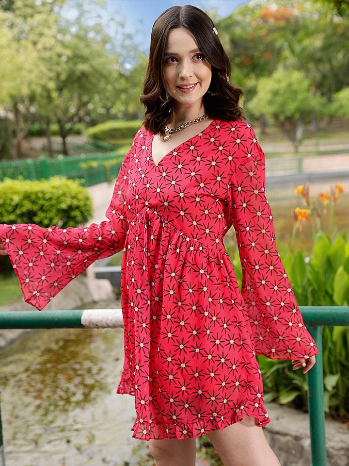 STREET 9 Fuchsia Floral Print Bell Sleeves Fit & Flare Mini Dress