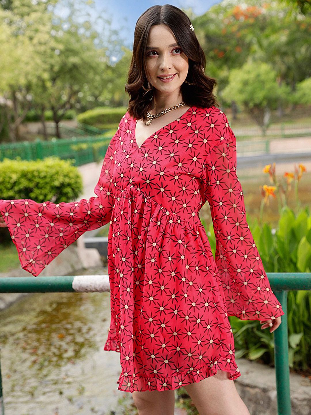 STREET 9 Fuchsia Floral Print Bell Sleeves Fit & Flare Mini Dress