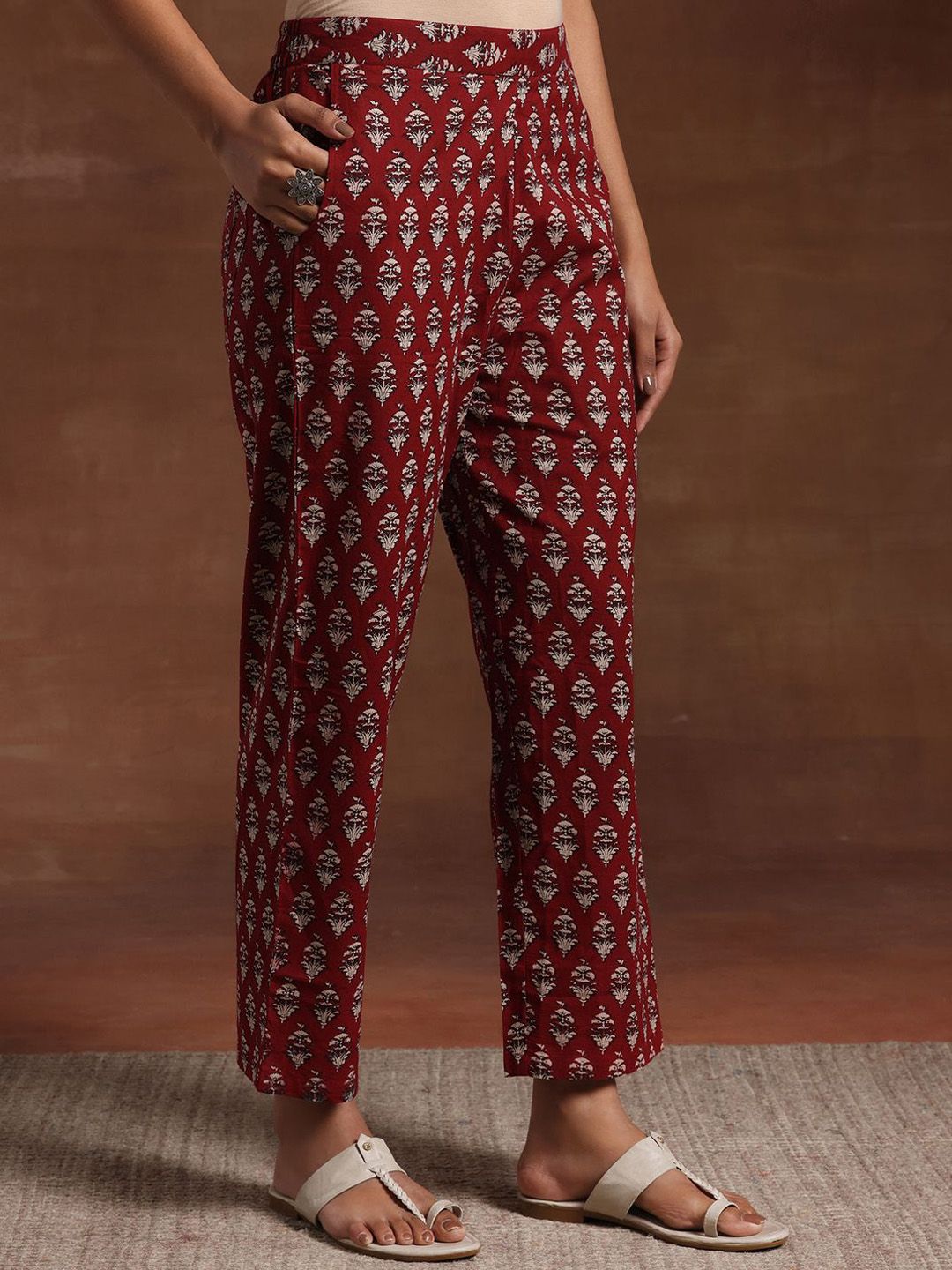 Libas Womens Maroon Printed Cotton Anarkali Kurta With Trousers & Dupatta