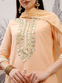 Vishudh Peach Coloured Floral Embroidered Pure Cotton Straight Kurta & Sharara & Dupatta