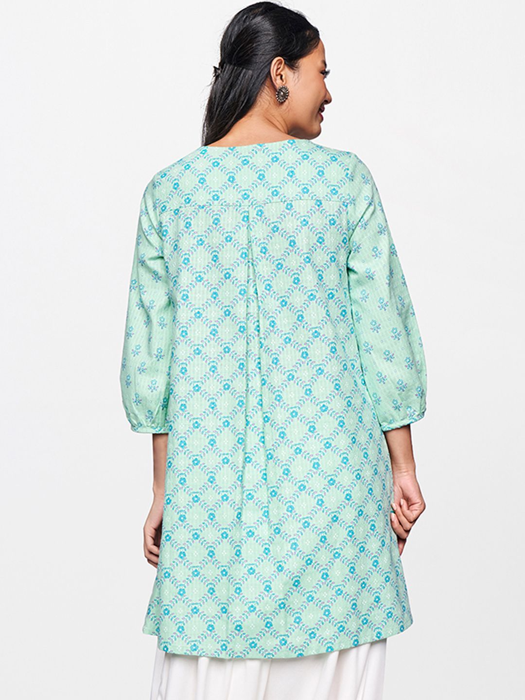 Global Desi Turquoise Blue Printed Tunic with Button Detailing